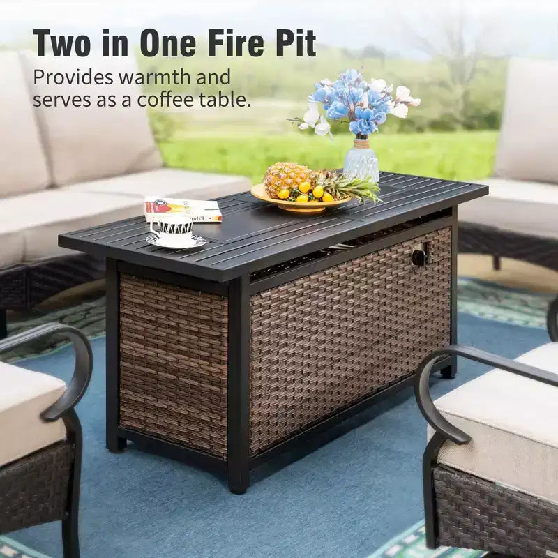 Captiva Designs Ensemble de salon de jardin 6 pièces avec brasero, canapés individuels et poufs en métal et résine tressée extra large