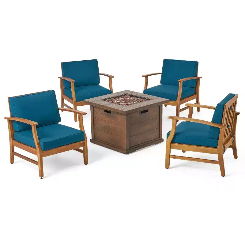 Christopher Knight Home Havana Outdoor Acacia Wood 5 Piece Club Chair and Fire Pit Set with Cushions
