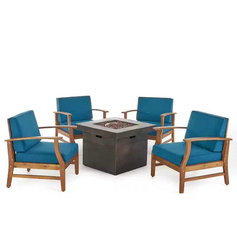 GDFStudio Easter Outdoor Acacia Wood 5 Piece Club Chair and Fire Pit Set with Cushions
