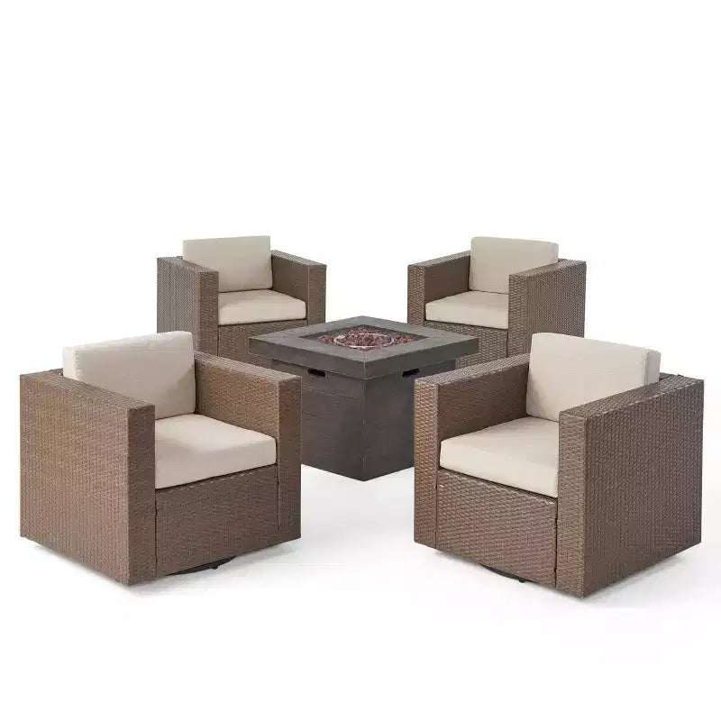 GDFStudio Venice Outdoor Wicker 5 Piece Swivel Club Chair and Fire Pit Set with Cushions