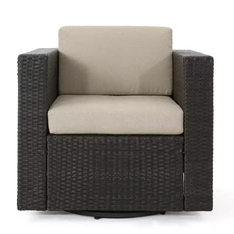 GDFStudio Venise Ensemble d'extérieur 5 pièces avec fauteuil pivotant en osier et foyer avec coussins
