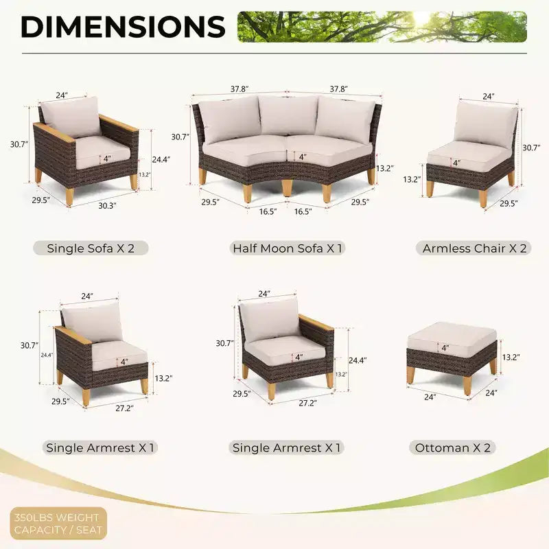Captiva Designs Salon de jardin demi-lune en rotin et osier 10 pièces avec pouf rembourré