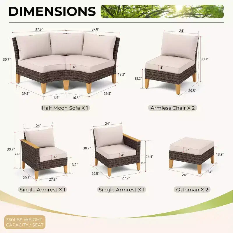 Captiva Designs Ensemble de canapé sectionnel courbé demi-lune en osier et rotin d'extérieur 8 pièces avec pouf rembourré
