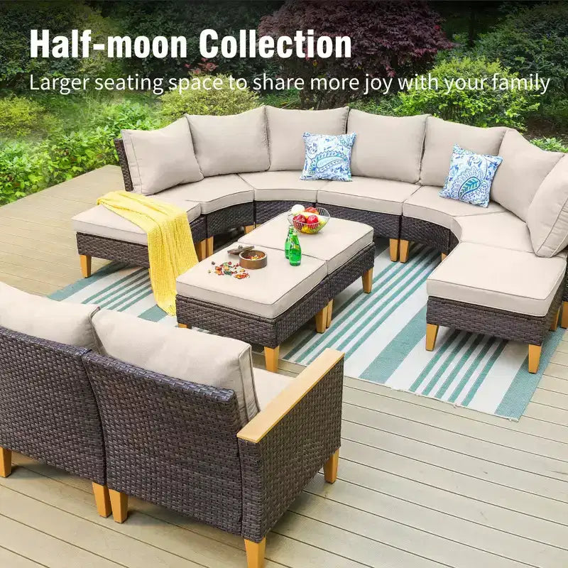 Captiva Designs Ensemble de canapé sectionnel courbé demi-lune en osier et rotin d'extérieur 8 pièces avec pouf rembourré