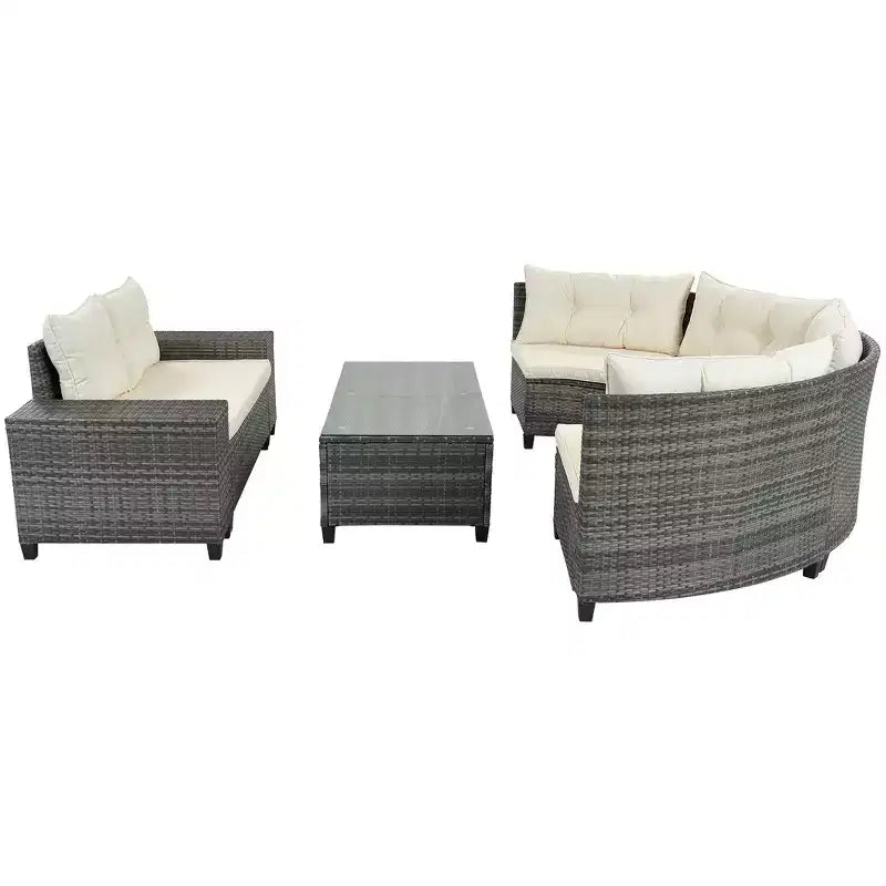 Salon de jardin Whisen 8 pièces en osier tressé, canapé d'extérieur courbé en demi-lune avec table basse rectangulaire