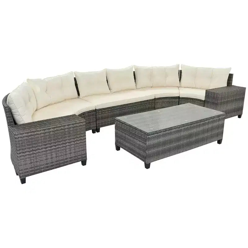 Salon de jardin Whisen 8 pièces en osier tressé, canapé d'extérieur courbé en demi-lune avec table basse rectangulaire