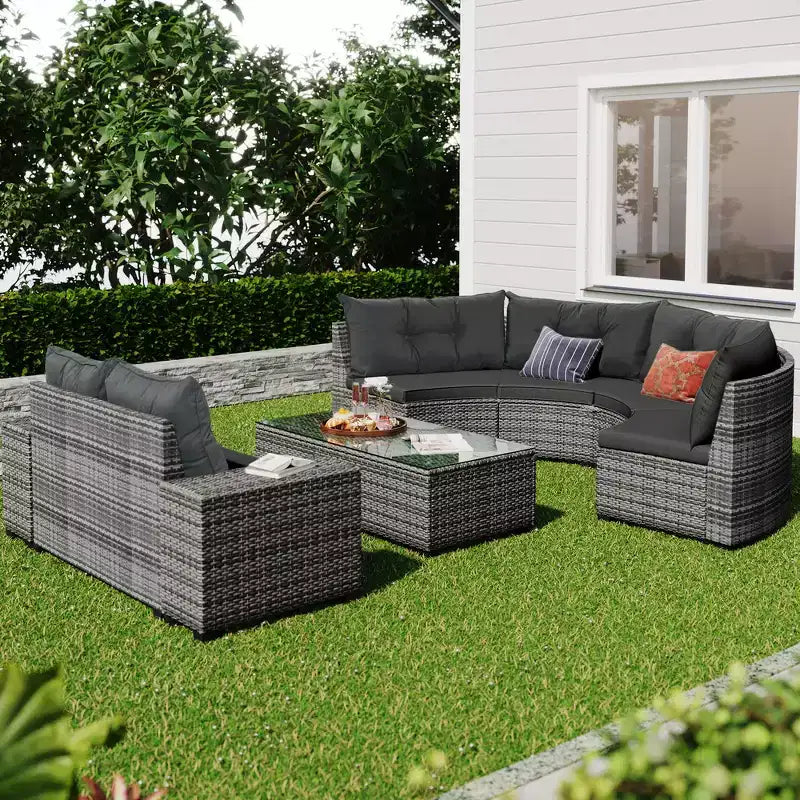 Salon de jardin Whisen 8 pièces en osier tressé, canapé d'extérieur courbé en demi-lune avec table basse rectangulaire
