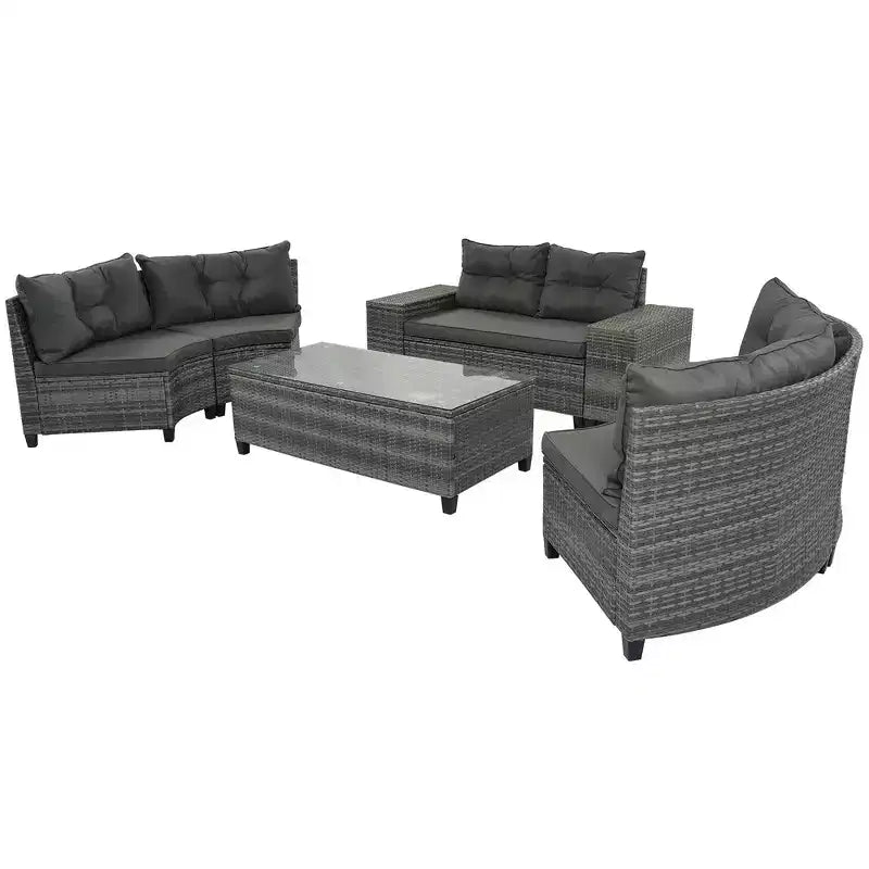 Salon de jardin Whisen 8 pièces en osier tressé, canapé d'extérieur courbé en demi-lune avec table basse rectangulaire