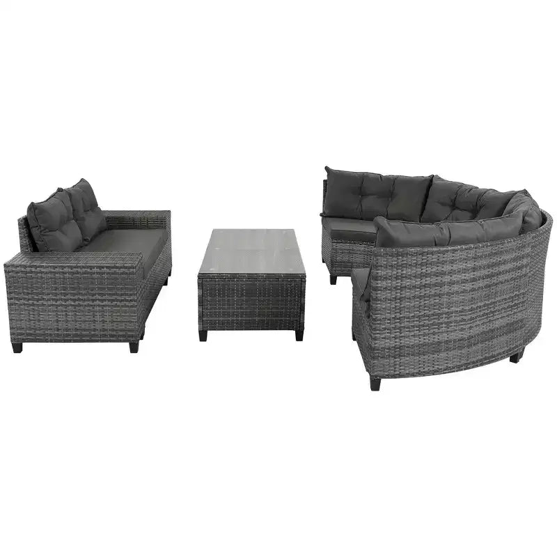 Salon de jardin Whisen 8 pièces en osier tressé, canapé d'extérieur courbé en demi-lune avec table basse rectangulaire