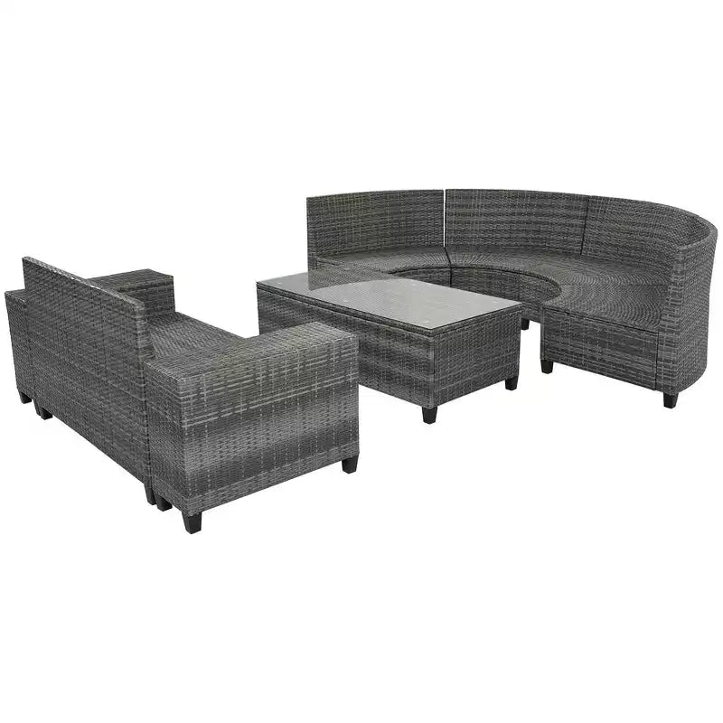 Salon de jardin Whisen 8 pièces en osier tressé, canapé d'extérieur courbé en demi-lune avec table basse rectangulaire