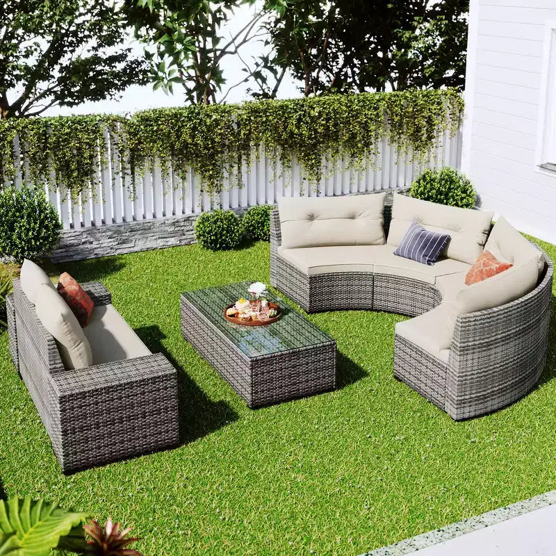 Salon de jardin Whisen 8 pièces en osier tressé, canapé d'extérieur courbé en demi-lune avec table basse rectangulaire