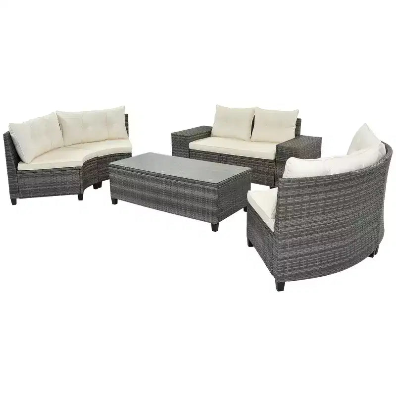 Salon de jardin Whisen 8 pièces en osier tressé, canapé d'extérieur courbé en demi-lune avec table basse rectangulaire