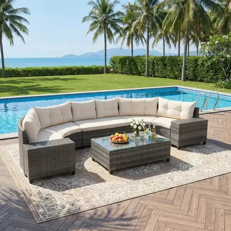 Whisen 8-Piece Wicker Patio Sectional Sofa Set, Outdoor Curved Half-Moon Sectional Couch Sets with Rectangular Coffee Table