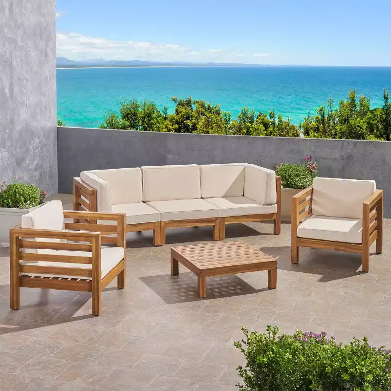 Christopher Knight Home Kaena Ensemble de conversation d'extérieur 5 places en bois d'acacia et fauteuil club avec coussins