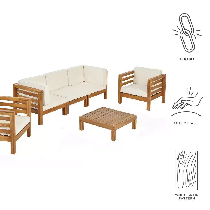 Christopher Knight Home Kaena Ensemble de conversation d'extérieur 5 places en bois d'acacia et fauteuil club avec coussins