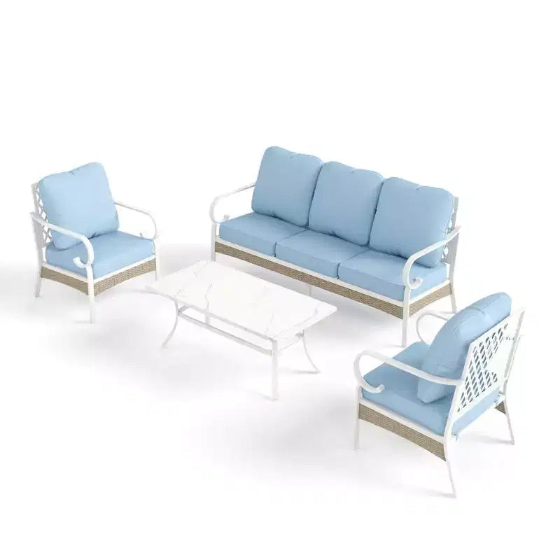 Captiva Designs Ensemble de conversation d'extérieur 4 pièces extra large en métal et rotin avec fauteuils à dossier quadrillé et table