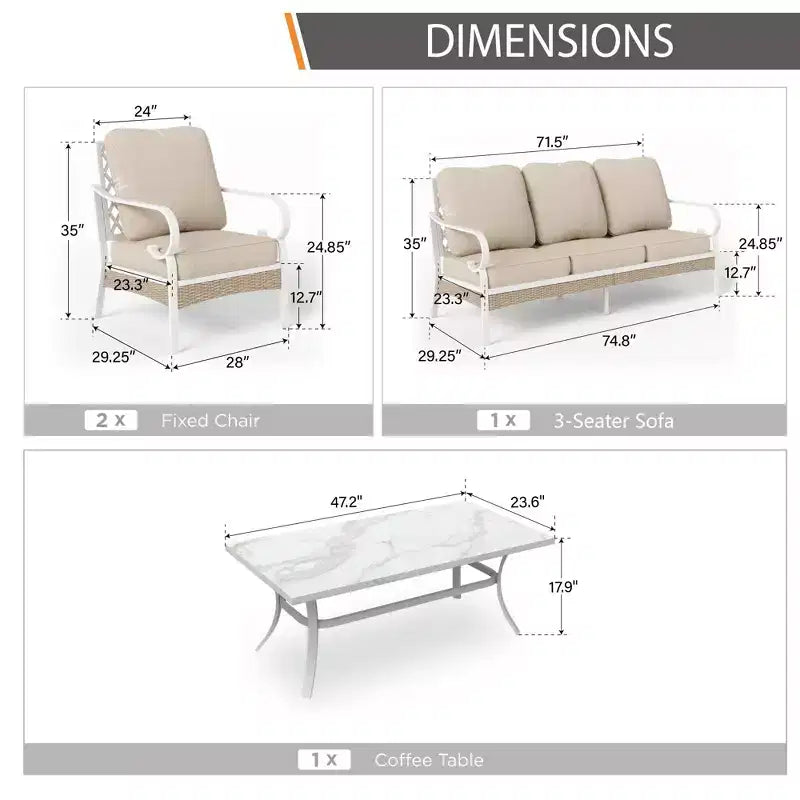 Captiva Designs Ensemble de conversation d'extérieur 4 pièces extra large en métal et rotin avec fauteuils à dossier quadrillé et table