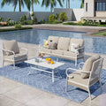 Captiva Designs 4pc Extra Large Metal and Rattan Outdoor Patio Conversation Set with Grid-back Armchairs and Table