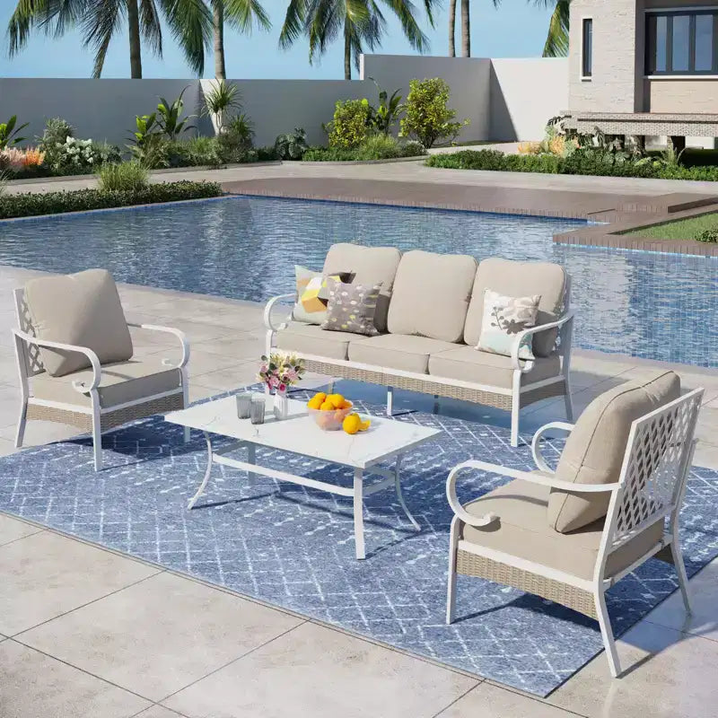 Captiva Designs 4pc Extra Large Metal and Rattan Outdoor Patio Conversation Set with Grid-back Armchairs and Table