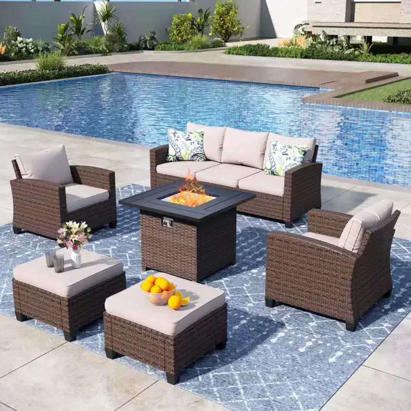 Ensemble de salon de jardin Captiva Designs 6 pièces avec braseros en rotin tressé et poufs et fauteuils individuels rembourrés