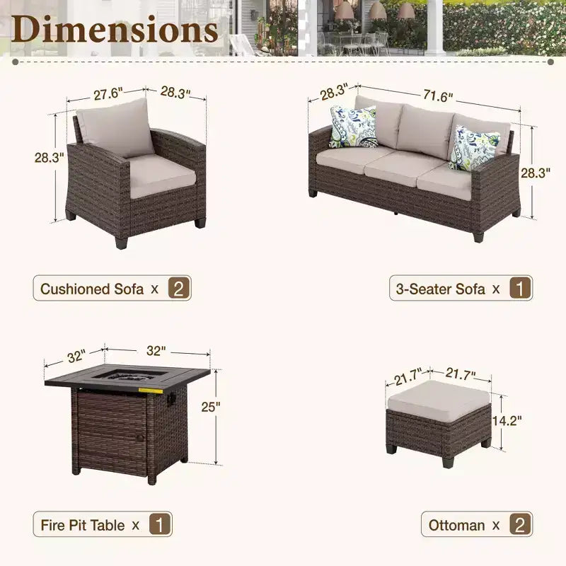 Ensemble de salon de jardin Captiva Designs 6 pièces avec braseros en rotin tressé et poufs et fauteuils individuels rembourrés