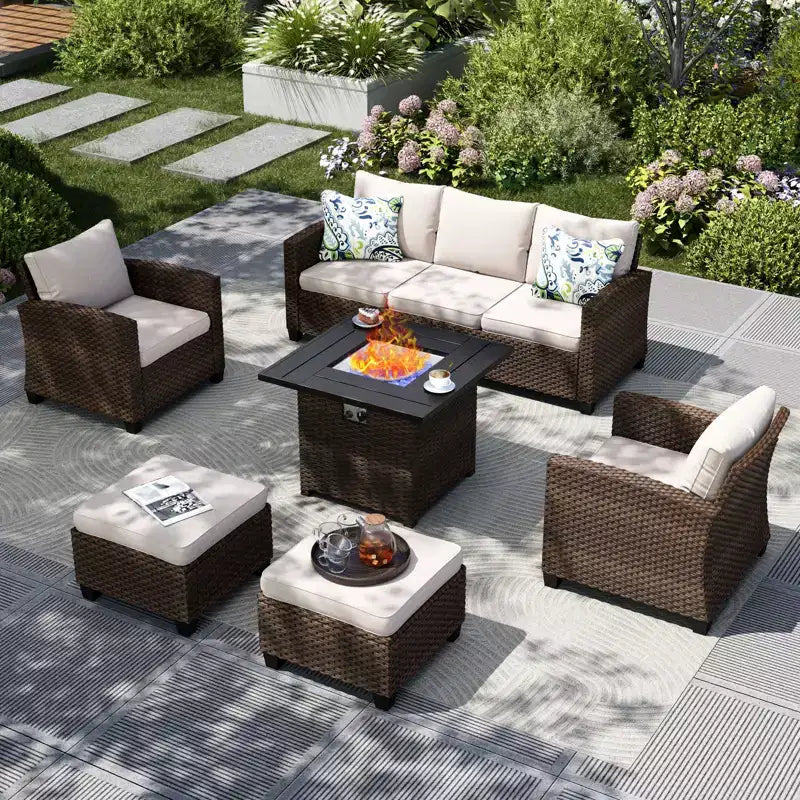 Captiva Designs 6pc Outdoor Patio Wicker Rattan Fire Pit Set with Cushioned Ottomans and Single Sofas