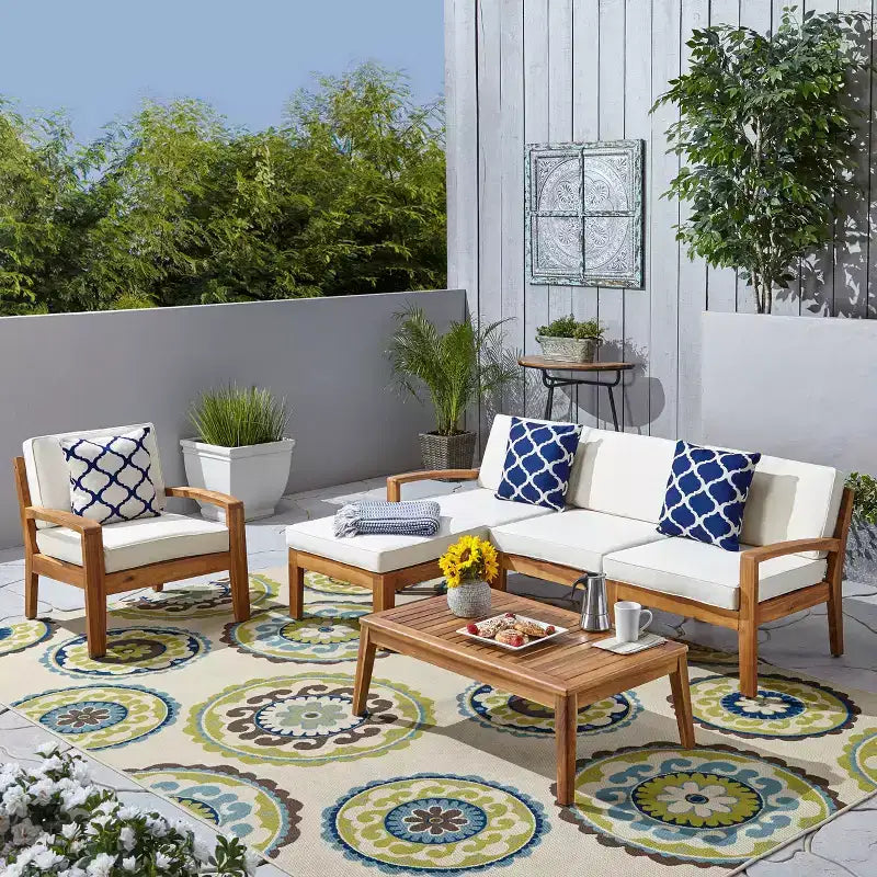 Christopher Knight Home Parma Patio Acacia Wood Slat Design 5 Seater Upholstered Seating Set with Coffee Table