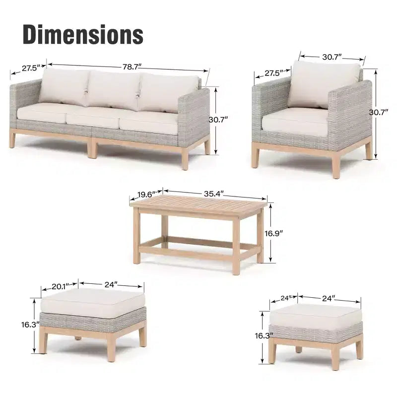 Captiva Designs Ensemble de conversation 5 pièces en rotin tressé avec coussins pour patio extérieur, comprenant des fauteuils, des ottomans et une table en bois massif