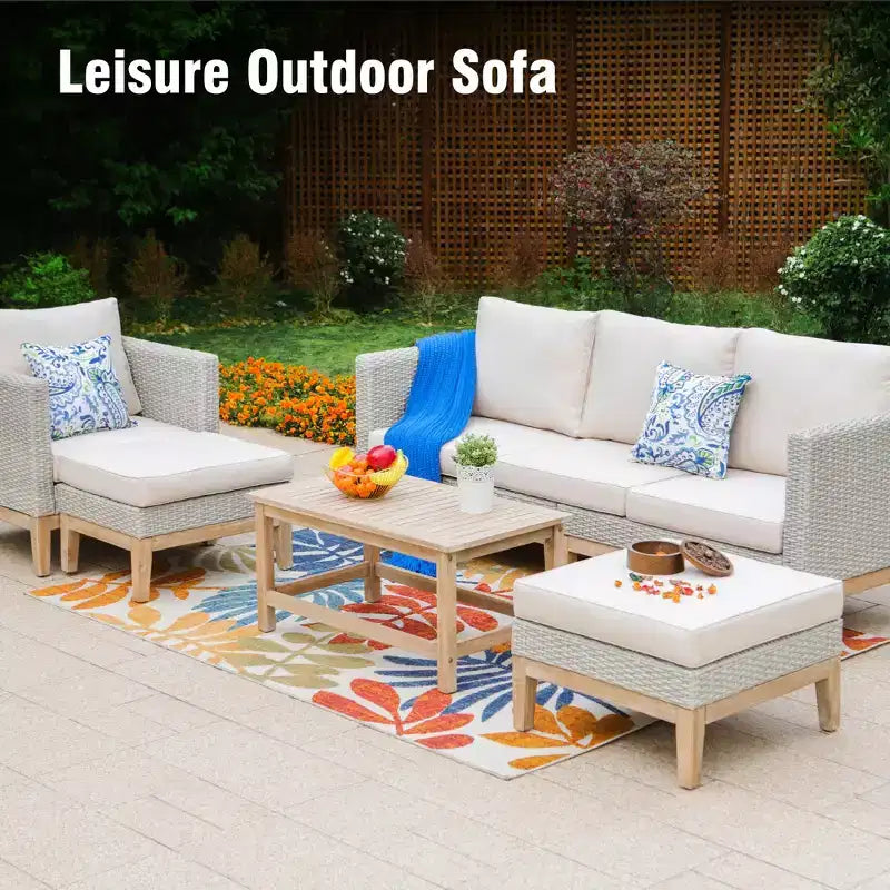 Captiva Designs Ensemble de conversation 5 pièces en rotin tressé avec coussins pour patio extérieur, comprenant des fauteuils, des ottomans et une table en bois massif