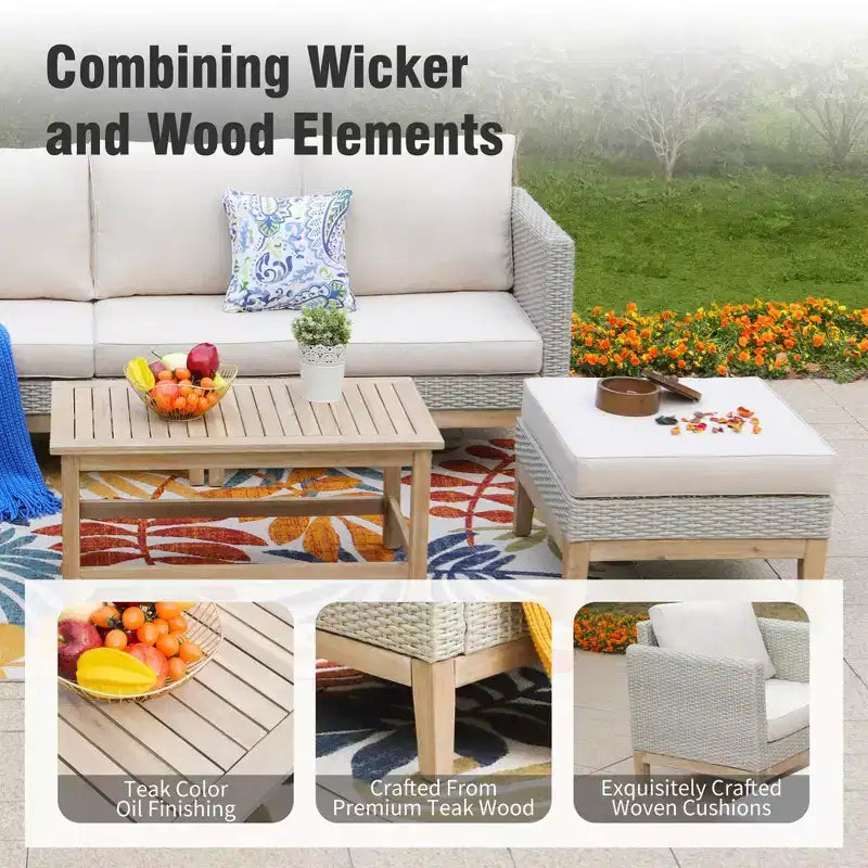 Captiva Designs Ensemble de conversation 5 pièces en rotin tressé avec coussins pour patio extérieur, comprenant des fauteuils, des ottomans et une table en bois massif