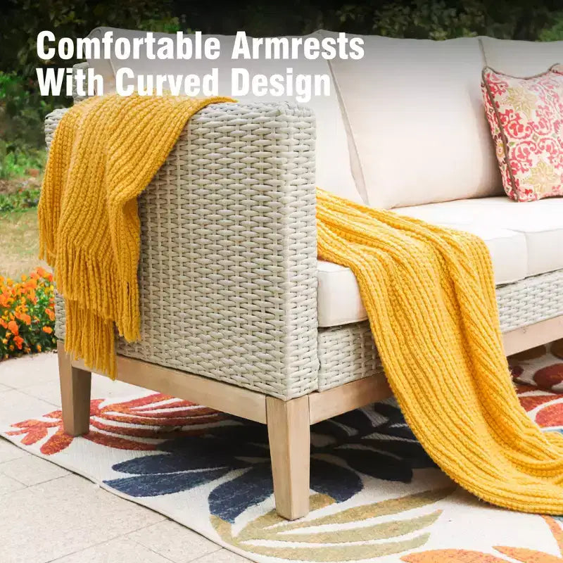 Captiva Designs Ensemble de conversation 5 pièces en rotin tressé avec coussins pour patio extérieur, comprenant des fauteuils, des ottomans et une table en bois massif