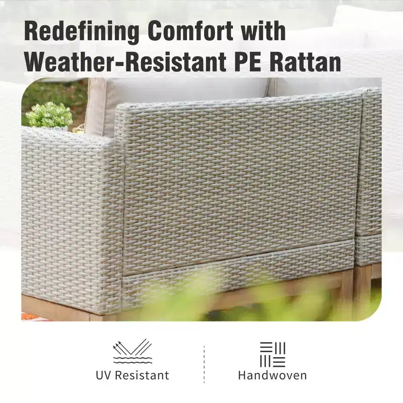 Captiva Designs Ensemble de conversation 5 pièces en rotin tressé avec coussins pour patio extérieur, comprenant des fauteuils, des ottomans et une table en bois massif