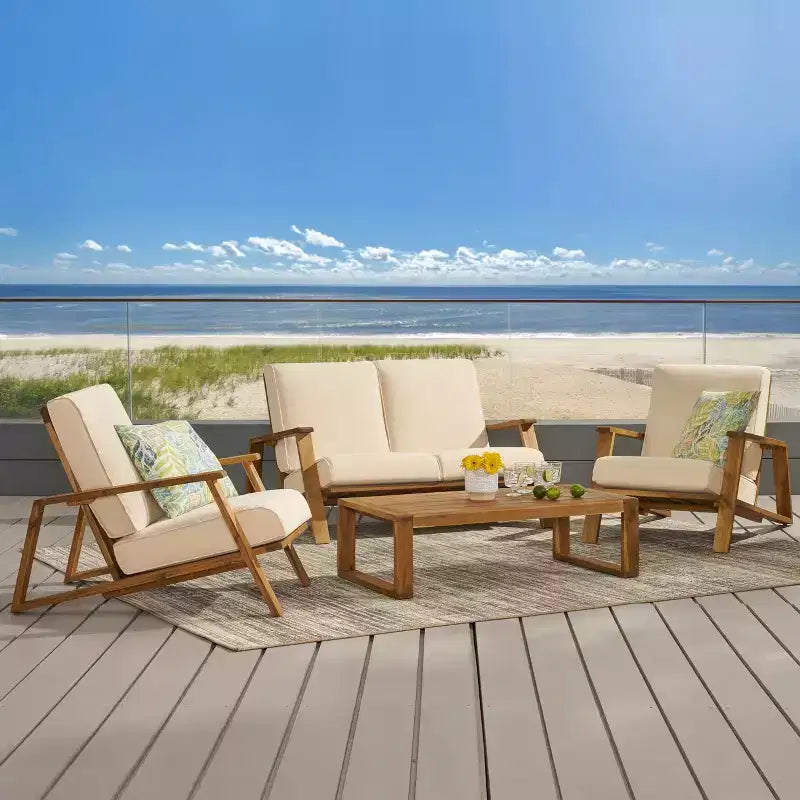 Christopher Knight Home Paloma Ensemble de conversation d'extérieur 4 places en bois d'acacia avec coussins