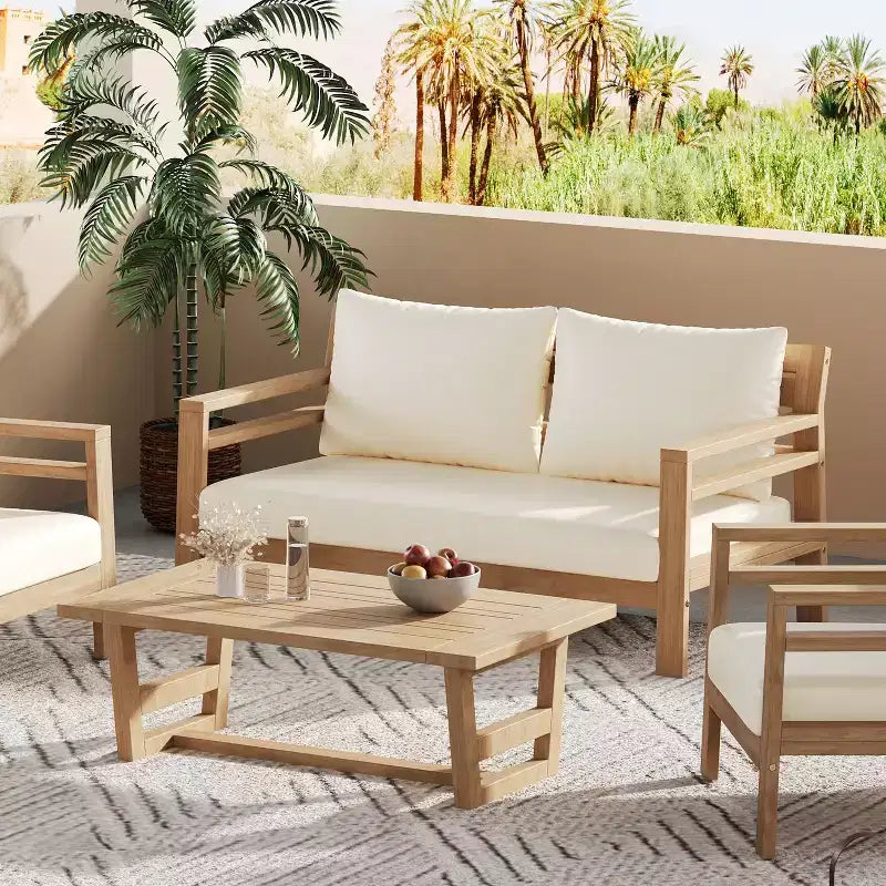 Ensemble de salon Christopher Knight Home Barret avec causeuse et table basse en bois d'acacia à lattes pour extérieur