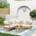 GDFStudio Burrough Outdoor Acacia Wood 5 Seater Sectional Sofa Chat Set with Cushions, Teak/Beige