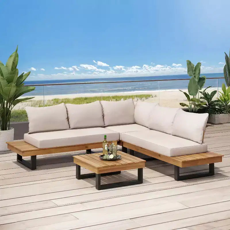 GDFStudio Raleigh Ensemble de conversation sectionnel extérieur 5 places en bois d'acacia avec coussins, teck/beige