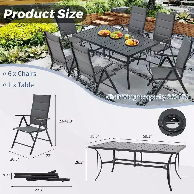 Ensemble de salle à manger pliant EROMMY pour terrasse avec table en métal et chaises en aluminium - Meubles durables, tout temps pour jardin, pelouse et patio - Gris