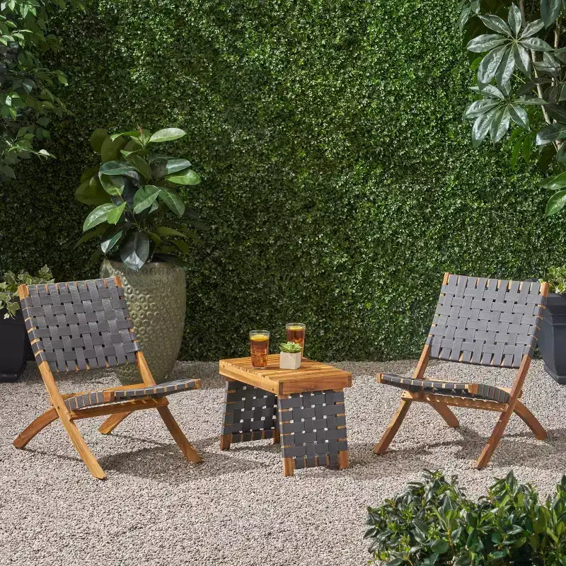 GDFStudio Bezalel Outdoor Woven Webbing Acacia Wood 3 Piece Foldable Chat Set, Brown and Gray