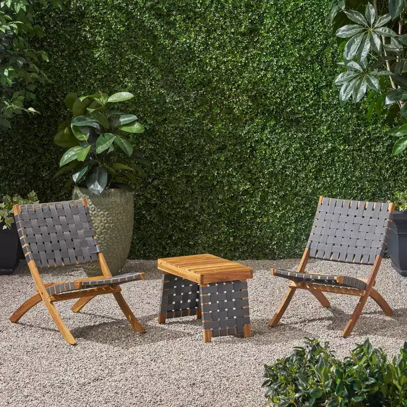 GDFStudio Bezalel Ensemble de conversation pliable 3 pièces en bois d'acacia et sangle tissée, marron et gris