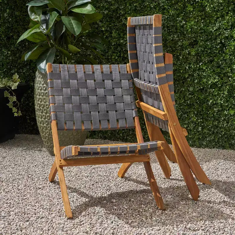 GDFStudio Bezalel Ensemble de conversation pliable 3 pièces en bois d'acacia et sangle tissée, marron et gris