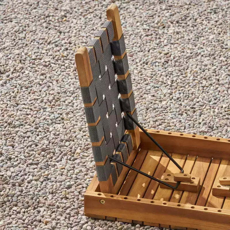 GDFStudio Bezalel Ensemble de conversation pliable 3 pièces en bois d'acacia et sangle tissée, marron et gris