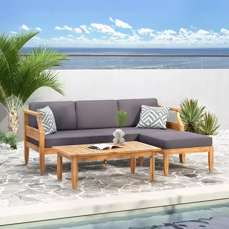 Christopher Knight Home Sloane Outdoor Acacia Wood 3 Seater Sofa Chat Set with Ottoman, Teak and Dark Gray