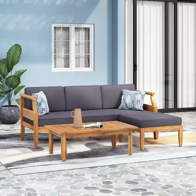 Christopher Knight Home Sloane Ensemble de conversation d'extérieur avec canapé 3 places en bois d'acacia et ottoman, teck et gris foncé