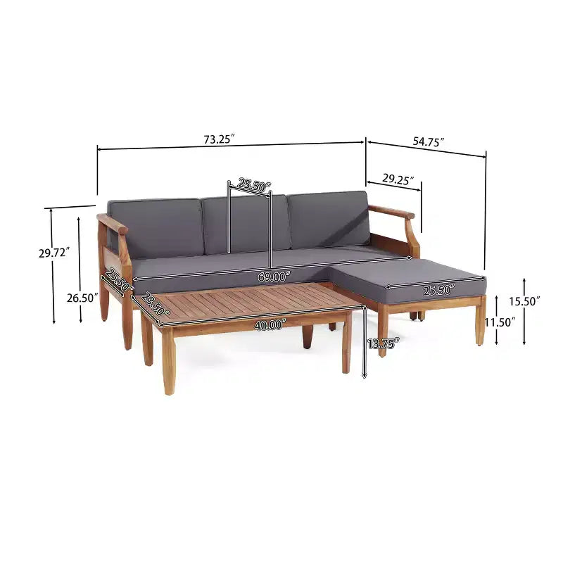 Christopher Knight Home Sloane Ensemble de conversation d'extérieur avec canapé 3 places en bois d'acacia et ottoman, teck et gris foncé