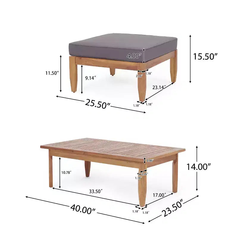 Christopher Knight Home Sloane Ensemble de conversation d'extérieur avec canapé 3 places en bois d'acacia et ottoman, teck et gris foncé
