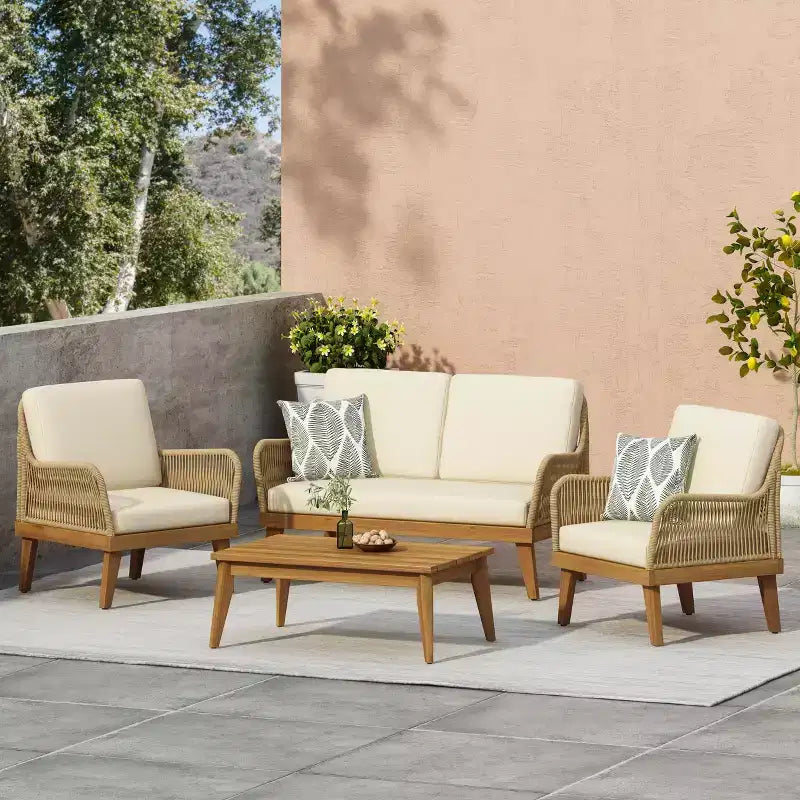GDFStudio Hueber Outdoor Acacia Wood and Rope 4 Seater Chat Set with Cushions, Teak, Light Brown, and Beige