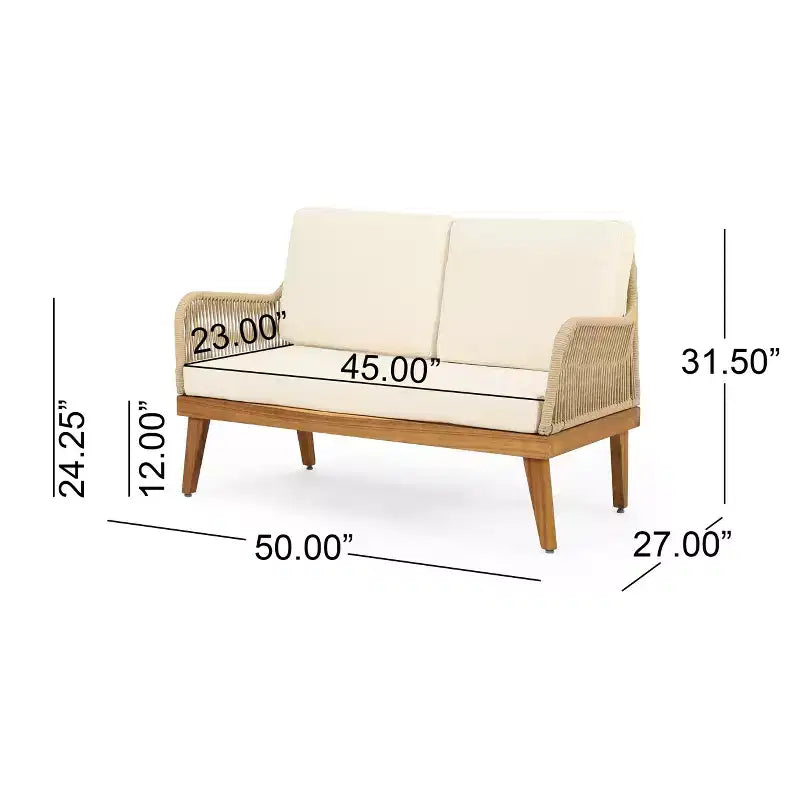 GDFStudio Hueber Ensemble de Conversation d'Extérieur 4 Places en Bois d'Acacia et Corde avec Coussins, Teck, Marron Clair et Beige