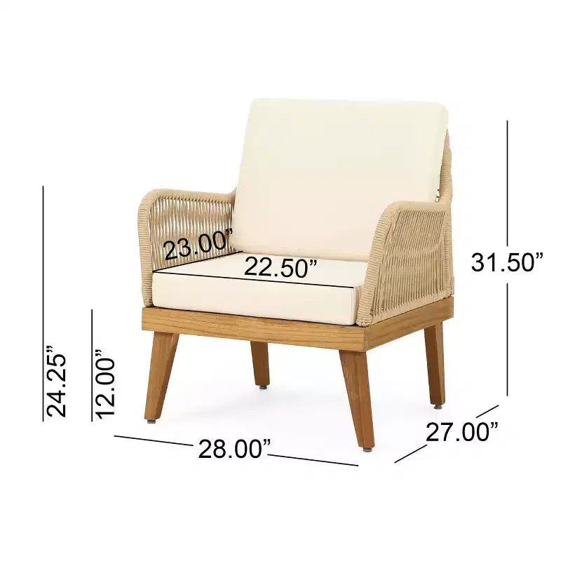 GDFStudio Hueber Ensemble de Conversation d'Extérieur 4 Places en Bois d'Acacia et Corde avec Coussins, Teck, Marron Clair et Beige