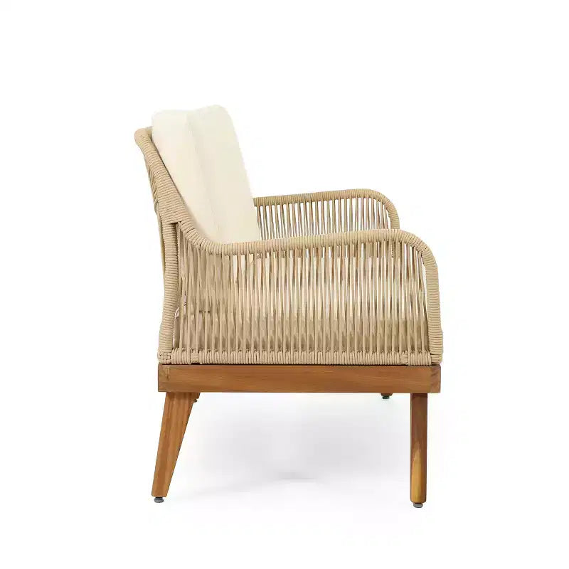 GDFStudio Hueber Ensemble de Conversation d'Extérieur 4 Places en Bois d'Acacia et Corde avec Coussins, Teck, Marron Clair et Beige