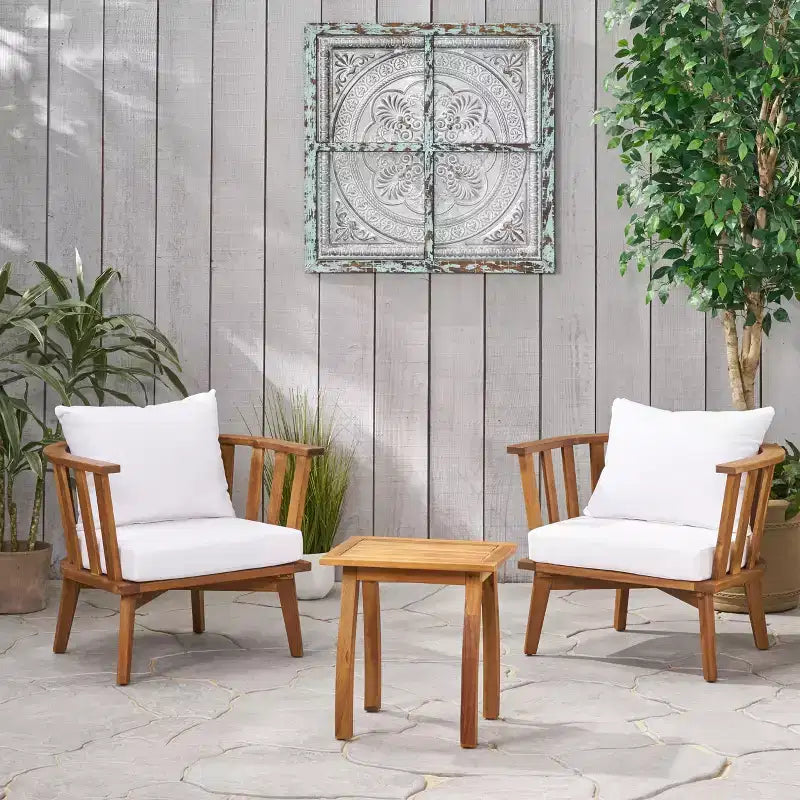 Christopher Knight Home Oleander Ensemble conversation 3 pièces de chaises de club d'extérieur en bois d'acacia avec coussins, teck et blanc